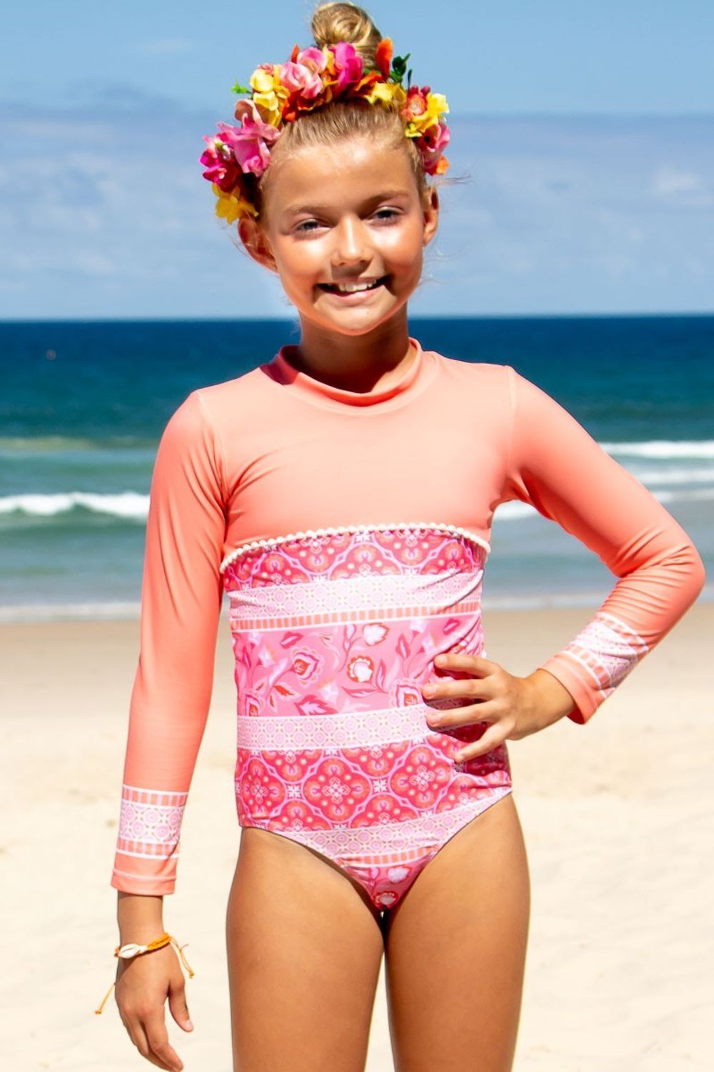 Sun Emporium Girls Indian Summer Pom & Ruffle Swimsuit, Girls Swimwear 