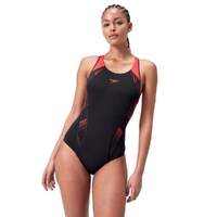 Speedo Women's Placement Laneback One Piece Swimsuit, Black/Siren Red/Plum Dandy