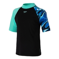 Speedo Boys Logo SS Short Sleeve Rashie - Black/Artic Glass/Cobalt Pop Sun Top