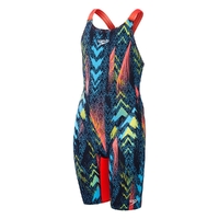 Speedo Junior Girls Fastskin Endurance+ Openback Kneeskin Race Suit - Dark Teal/Picton Blue/Siren Red