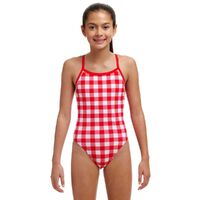 Funkita Girls Red Checker ECO Single Strap One Piece Swimwear, Girls Full Piece Swimsuit