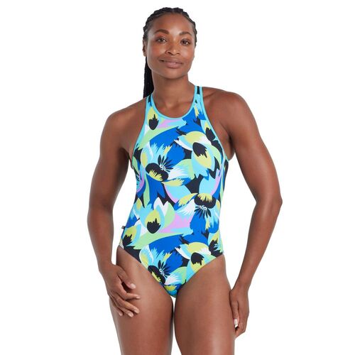 Zoggs Florish Blue Silver Lined Crossback Swimsuit, Thermal Women's Swimwear [Size: 10]