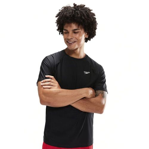 Speedo Men's Essential Short Sleeve Swim Tee Sun Top, Men's Rashie - Black [Size: X Small]