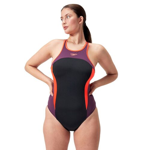 Speedo Women's High Neck Splice Cross Back One Piece Swimsuit - Black/Plum Dandy/Siren Red [Size: 8]