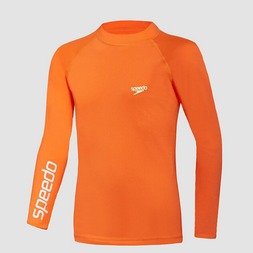 Speedo Boys Safety Long Sleeve Sun Top - Fluro Orange, Boys Rashie [Size: 8]