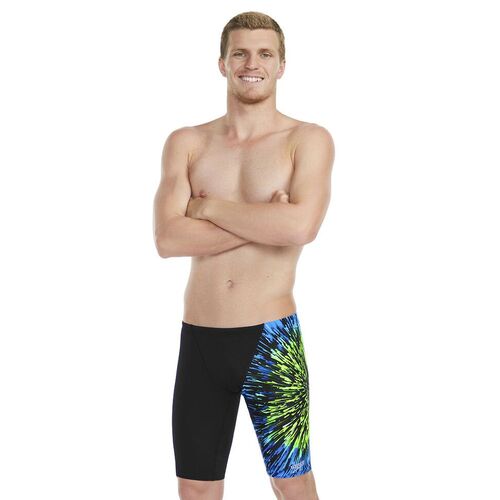 Speedo Men's Placement V-Cut Jammer -Black/Picton Blue/Harlequin Green, Men's Speedo Swimwear [Size: 32]