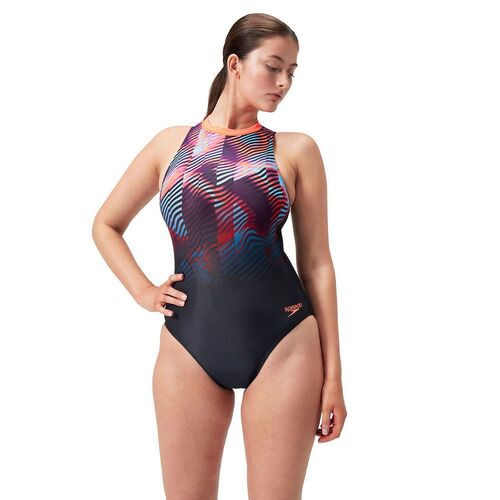 Speedo Women's Printed Hydrasuit One Piece Swimsuit - Black/Plum Dandy/Picton/Siren, Women's Swimwear [Size: 8]