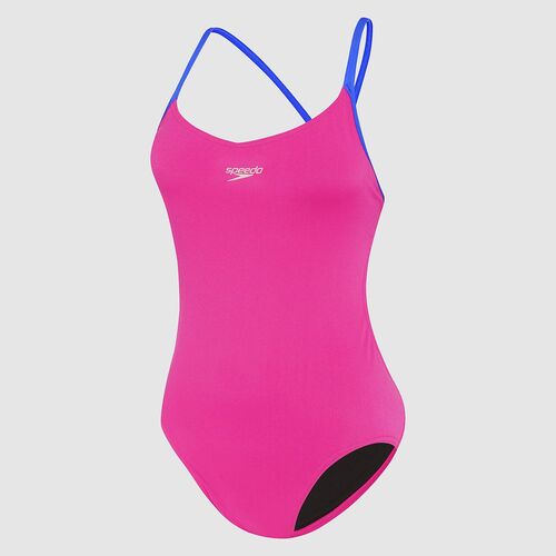 Speedo Women's Solid Thin Strap Vback One Piece Swimsuit, Electric Pink & Blue Flame [Size: 8]