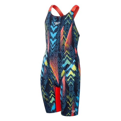 Speedo Junior Girls Fastskin Endurance+ Openback Kneeskin Race Suit - Dark Teal/Picton Blue/Siren Red [Size: 4 AU 5-6 yrs]