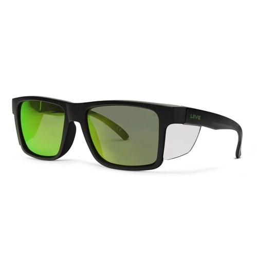 Liive Vision Tradie Safety Sunglasses - Geen Mirror Polarized Black, Clear Blinker - Live Sunglasses